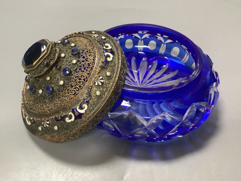 A cut glass pot pourri with enamelled and paste set cover, diameter